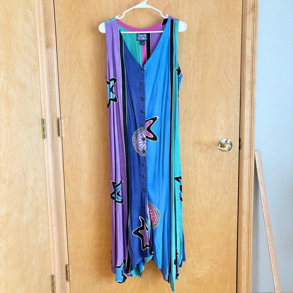 Tropical Tantrum‎ Rayon Maxi Dress OS Colorblock Star Print Handkerchief Hem - Picture 2 of 8